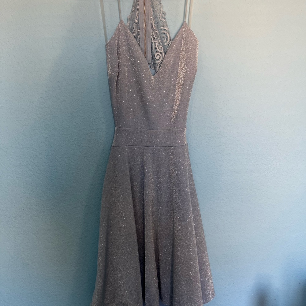 light blue sparkly, half-backless, lace and zipper